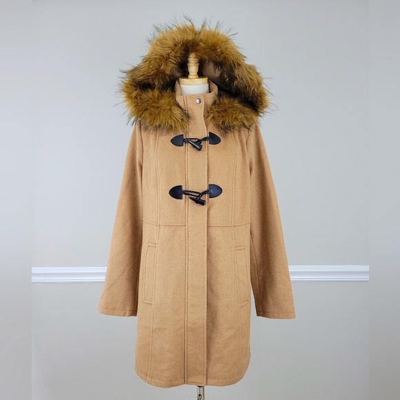 Jessica London Camel Silhouet Hooded Duffle Hooded Coat NWOT